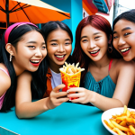 **

Prompt:  A group of young Surinamese friends laughing and taking selfies while wearing K-pop inspired outfits.  A local food stall in the background has added kimchi fries to their menu. Vibrant colors, tropical setting.

**