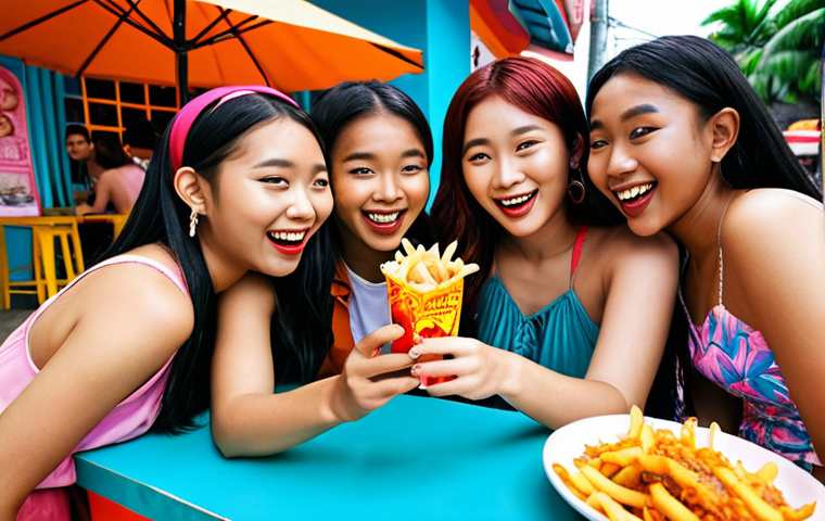 **

Prompt:  A group of young Surinamese friends laughing and taking selfies while wearing K-pop inspired outfits.  A local food stall in the background has added kimchi fries to their menu. Vibrant colors, tropical setting.

**
