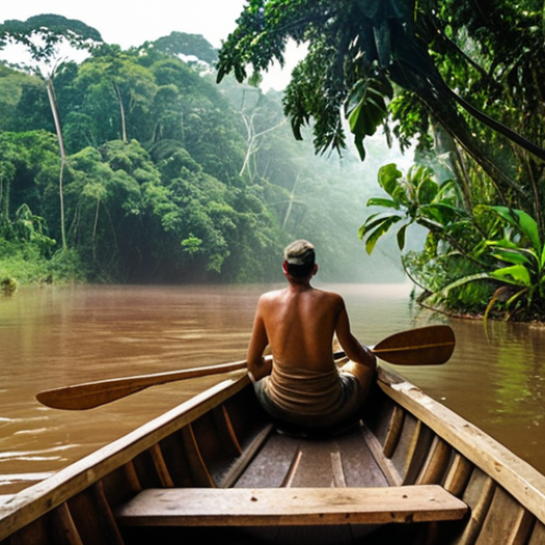 Home 14 An adventurous traveler navigating a traditional dugout canoe through a winding, misty river deep in the remote Surinam-Brazil Amazon rainforest. Dense, vibrant green jungle canopy overhead. Glimpses of exotic wildlife like colorful birds or monkeys on the riverbanks. Humid, atmospheric lighting, conveying the raw beauty and challenging nature of the wild Amazon. Extreme detail, photorealistic.