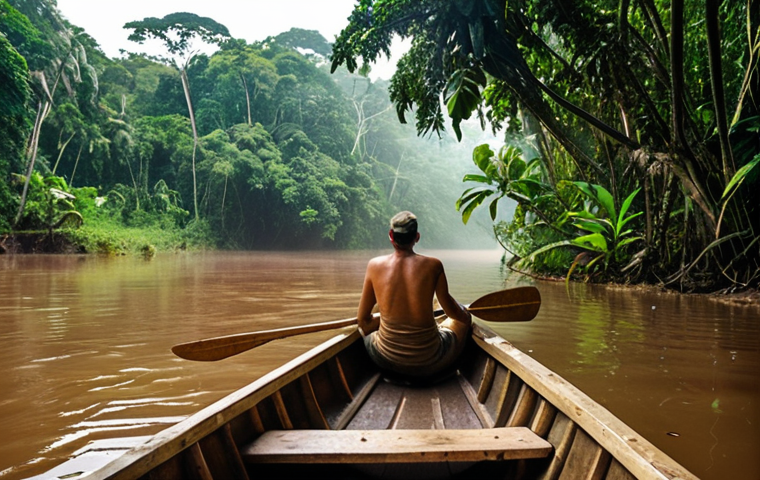 An adventurous traveler navigating a traditional dugout canoe through a winding, misty river deep in the remote Surinam-Brazil Amazon rainforest. Dense, vibrant green jungle canopy overhead. Glimpses of exotic wildlife like colorful birds or monkeys on the riverbanks. Humid, atmospheric lighting, conveying the raw beauty and challenging nature of the wild Amazon. Extreme detail, photorealistic.