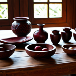 A collection of exquisitely crafted Maroon wooden art pieces, including a beautifully carved bowl, intricate serving spoons, and a small decorative figurine, all displaying traditional geometric patterns. The items are made from rich, dark wood with a polished finish, arranged on a rustic wooden table inside a sunlit, traditional Surinamese artisan workshop. Natural lighting, professional studio photography, highly detailed, realistic, perfect anatomy, correct proportions, well-formed hands (if hands are shown), natural body proportions, safe for work, appropriate content, fully clothed, modest, family-friendly.