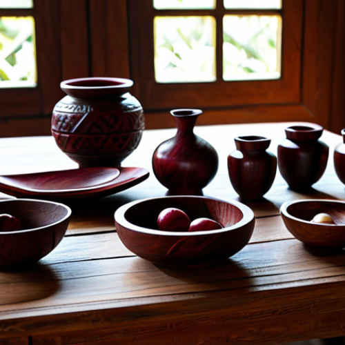 Home 7 A collection of exquisitely crafted Maroon wooden art pieces, including a beautifully carved bowl, intricate serving spoons, and a small decorative figurine, all displaying traditional geometric patterns. The items are made from rich, dark wood with a polished finish, arranged on a rustic wooden table inside a sunlit, traditional Surinamese artisan workshop. Natural lighting, professional studio photography, highly detailed, realistic, perfect anatomy, correct proportions, well-formed hands (if hands are shown), natural body proportions, safe for work, appropriate content, fully clothed, modest, family-friendly.