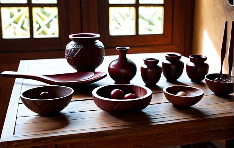 A collection of exquisitely crafted Maroon wooden art pieces, including a beautifully carved bowl, intricate serving spoons, and a small decorative figurine, all displaying traditional geometric patterns. The items are made from rich, dark wood with a polished finish, arranged on a rustic wooden table inside a sunlit, traditional Surinamese artisan workshop. Natural lighting, professional studio photography, highly detailed, realistic, perfect anatomy, correct proportions, well-formed hands (if hands are shown), natural body proportions, safe for work, appropriate content, fully clothed, modest, family-friendly.