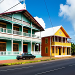 A wide shot of the historic wooden buildings of Paramaribo, Suriname, featuring the Neveh Shalom Synagogue and the Ahmadiyya Anjuman Islam Mosque standing peacefully side-by-side on Keizerstraat. The architecture displays intricate wooden details, pastel colors, elevated porches, and ornate balconies, reflecting a vibrant colonial past and cultural fusion. People of diverse backgrounds are seen walking calmly on the street, dressed in modest, appropriate attire. The scene is bathed in warm, natural daylight. Perfect anatomy, correct proportions, natural pose, well-formed hands, proper finger count, natural body proportions. High-quality professional photography, safe for work, appropriate content, fully clothed, modest, family-friendly.