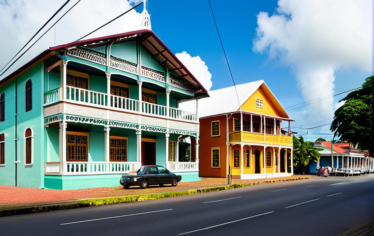 A wide shot of the historic wooden buildings of Paramaribo, Suriname, featuring the Neveh Shalom Synagogue and the Ahmadiyya Anjuman Islam Mosque standing peacefully side-by-side on Keizerstraat. The architecture displays intricate wooden details, pastel colors, elevated porches, and ornate balconies, reflecting a vibrant colonial past and cultural fusion. People of diverse backgrounds are seen walking calmly on the street, dressed in modest, appropriate attire. The scene is bathed in warm, natural daylight. Perfect anatomy, correct proportions, natural pose, well-formed hands, proper finger count, natural body proportions. High-quality professional photography, safe for work, appropriate content, fully clothed, modest, family-friendly.