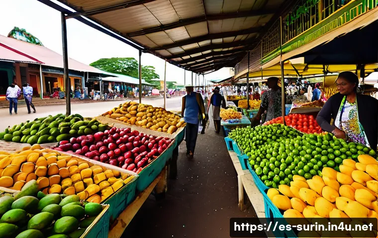수리남 로컬 시장 탐방 - **Vibrant Paramaribo Central Market: A Symphony of Colors and Life**
A wide, dynamic shot captur...
