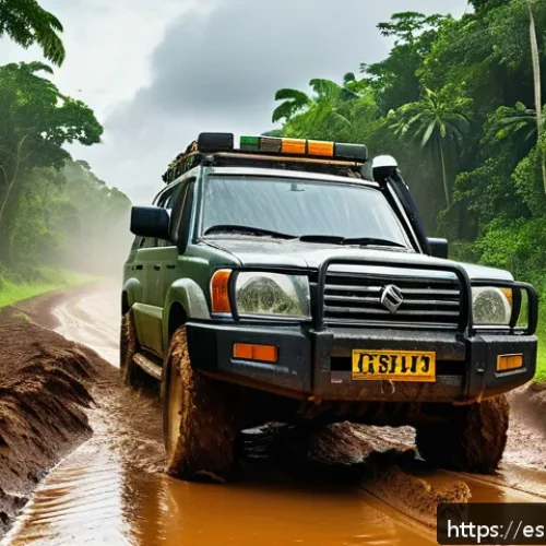 수리남에서의 차량 렌트 팁 - A detailed scene of a rugged 4x4 SUV driving carefully on a muddy, uneven dirt road surrounded by de...