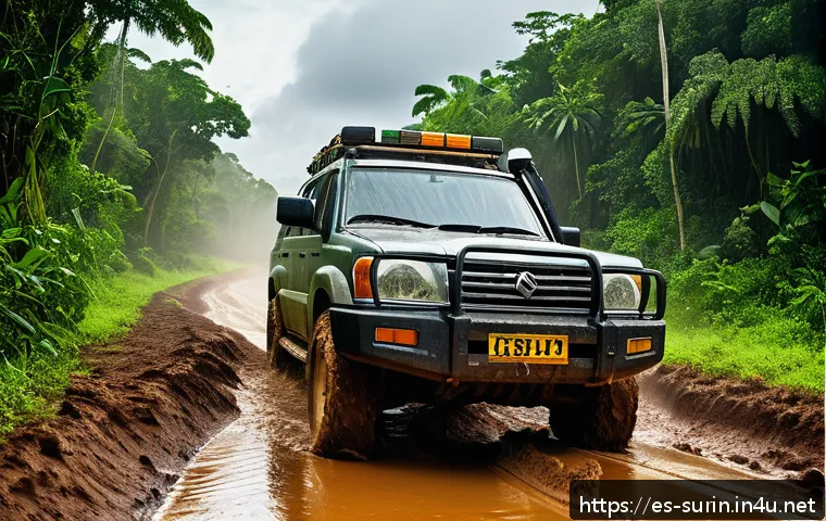 수리남에서의 차량 렌트 팁 - A detailed scene of a rugged 4x4 SUV driving carefully on a muddy, uneven dirt road surrounded by de...
