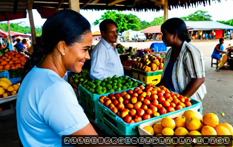 수리남 내에서 네덜란드어 외 사용 언어 - Photorealistic outdoor market scene in Paramaribo, Suriname, a warm and friendly Spanish-speaking ve...
