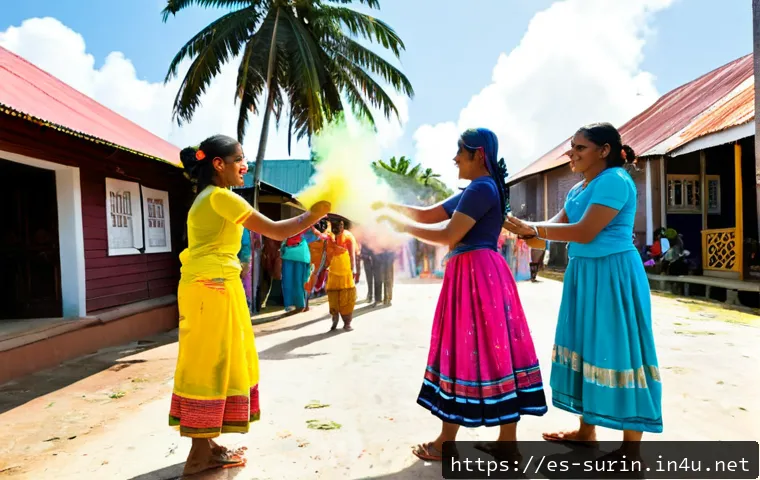 수리남의 종교적 신념과 기념일 - Photorealistic Suriname Holi Phagwa celebration in a sunny Paramaribo neighborhood, joyful multigene...