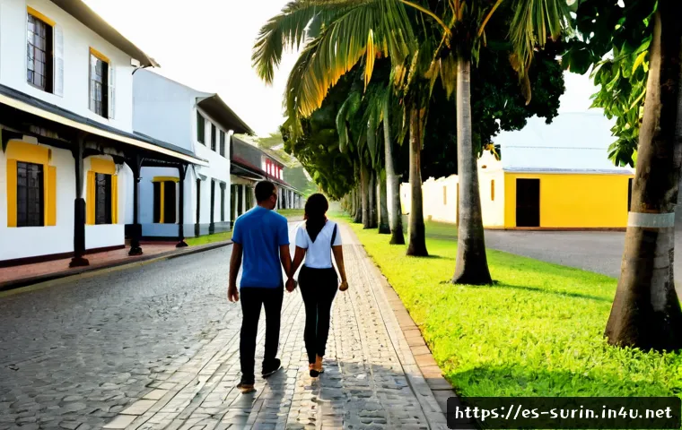 수리남 관광지 추천 - Photorealistic travel scene in Paramaribo, Suriname, elegant wooden Dutch colonial houses with white...