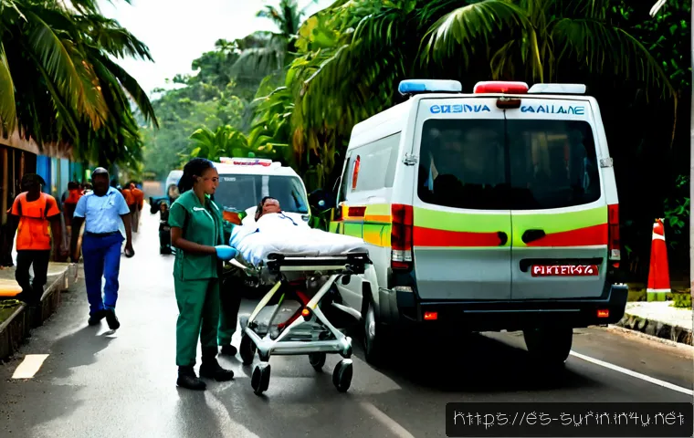수리남에서의 의료 시스템 및 응급 상황 대처법 - Photorealistic emergency care scene in Suriname, skilled paramedic team assisting an adult patient o...