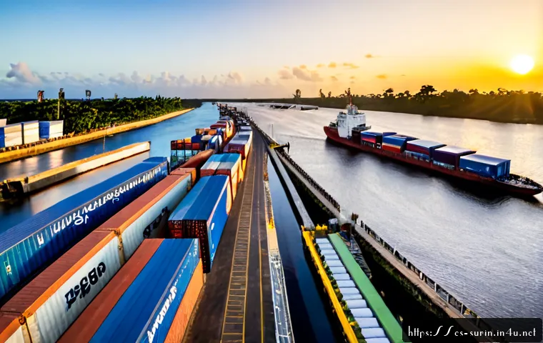 수리남과 카리브 해 국가와의 관계 - Photorealistic wide-angle view of a busy Paramaribo riverside port at sunrise, cargo containers and ...